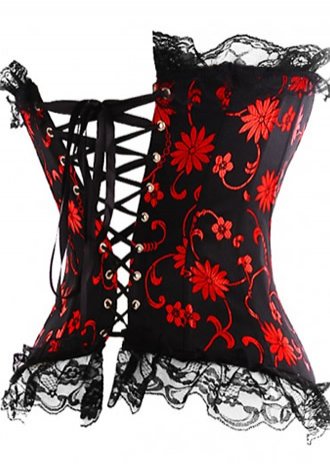 Black Red Satin Floral Jacquard Tapestry Corset Bustier