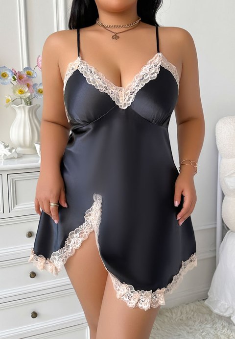 Elegant Black Satin Chemise with Lace Trim