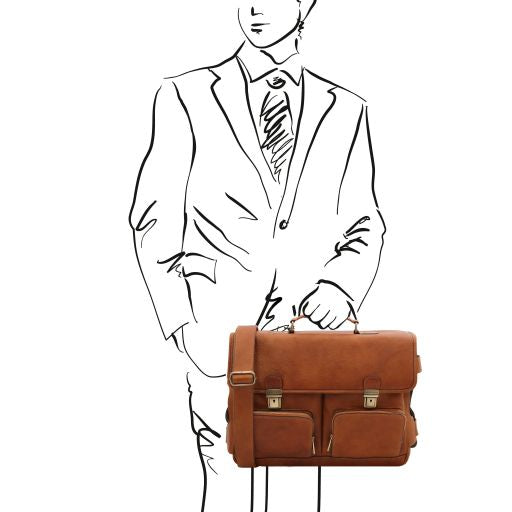 Ventimiglia - Leather multi compartment briefcase with front pockets
