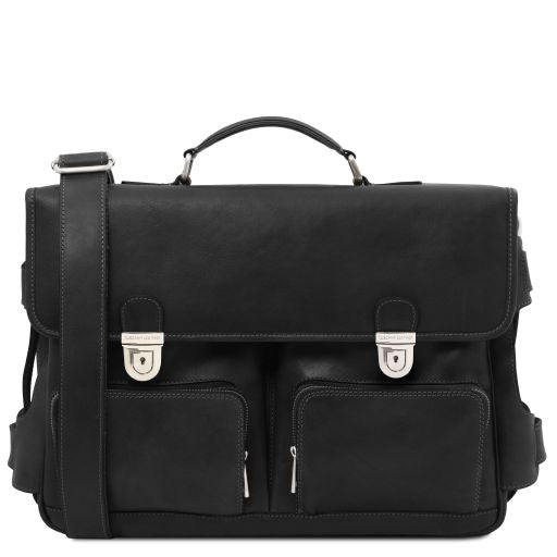 Ventimiglia - Leather multi compartment briefcase with front pockets