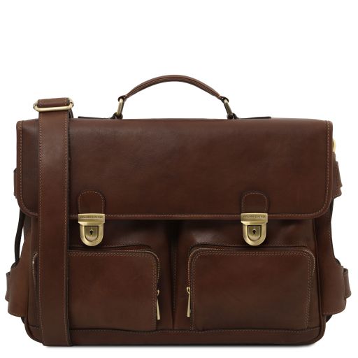 Ventimiglia - Leather multi compartment briefcase with front pockets
