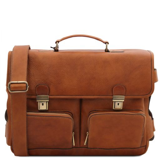 Ventimiglia - Leather multi compartment briefcase with front pockets