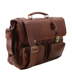 Ventimiglia - Leather multi compartment briefcase with front pockets
