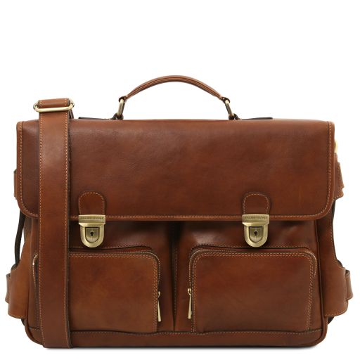 Ventimiglia - Leather multi compartment briefcase with front pockets