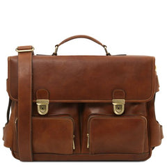 Ventimiglia - Leather multi compartment briefcase with front pockets