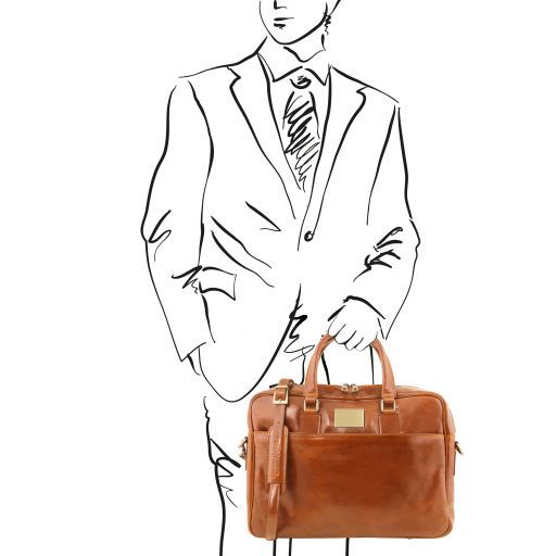 Urbino - Leather laptop briefcase 2 compartments with front pocket