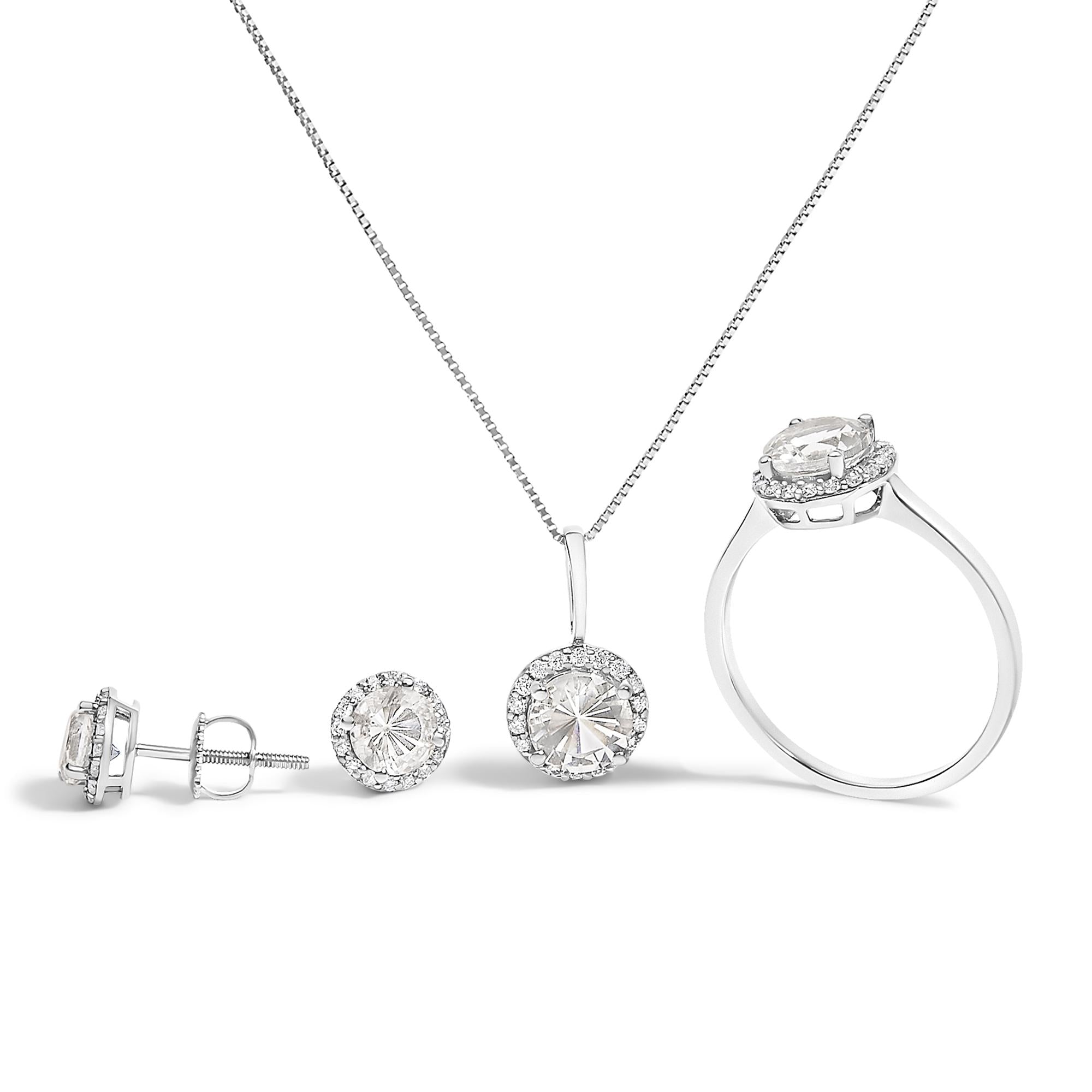 10K Gold Gemstone and 3/8 Cttw Diamond Halo Jewelry Set (Earrings, Pendant & Ring)