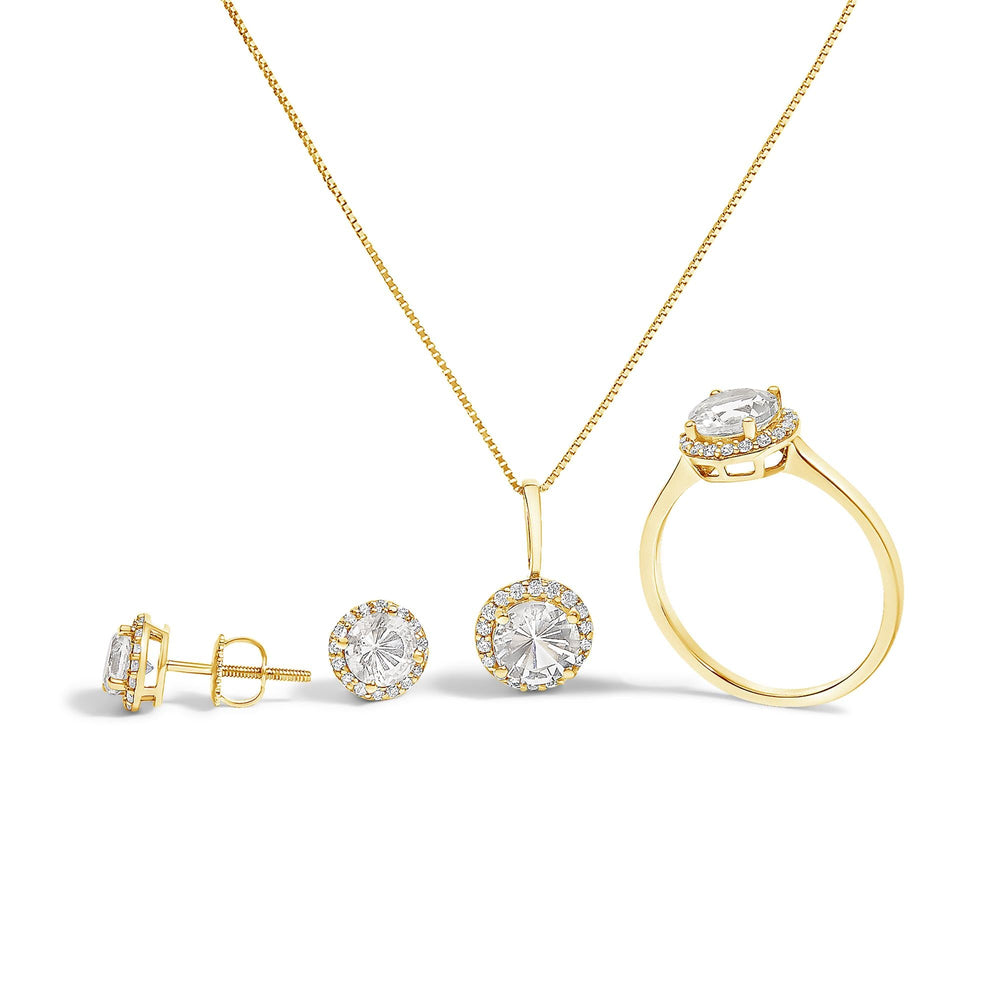 10K Gold Gemstone and 3/8 Cttw Diamond Halo Jewelry Set (Earrings, Pendant & Ring)