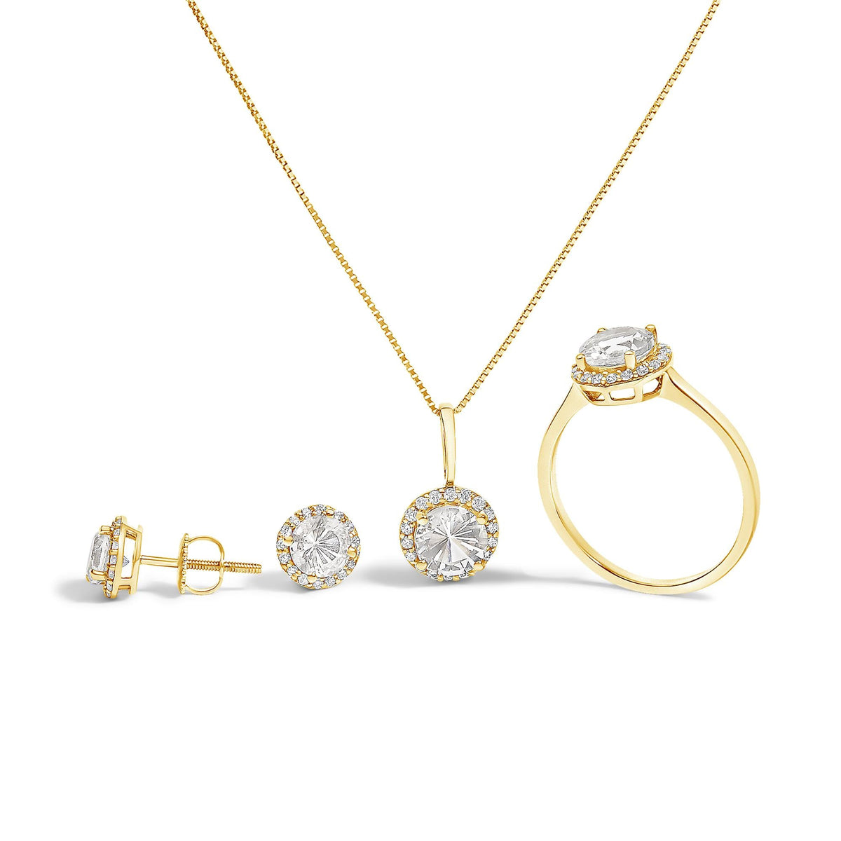 10K Gold Gemstone and 3/8 Cttw Diamond Halo Jewelry Set (Earrings, Pendant & Ring)