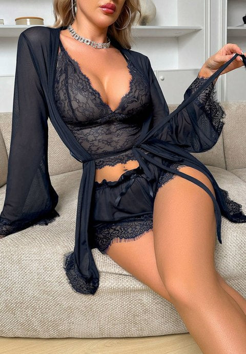 Seductive Black Lace Set with Sheer Robe