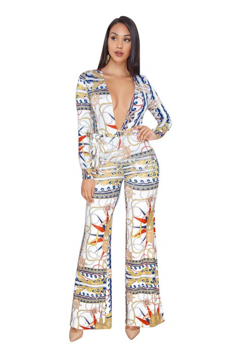 Printing Long Sleeve V-neck Wide Leg Jumpsuit Rompers