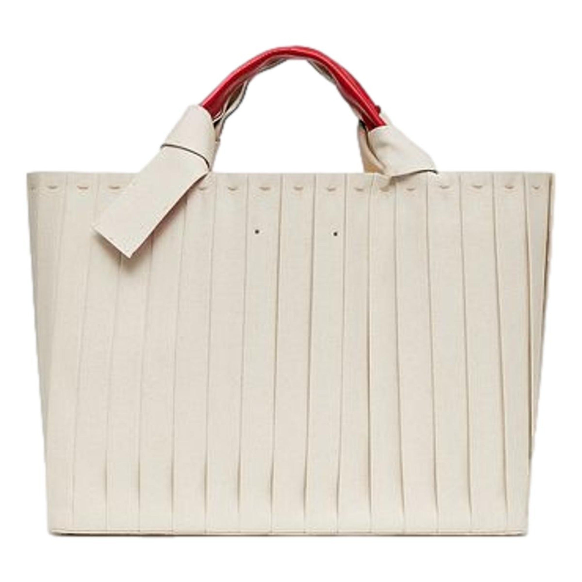 Valentino Garavani 05 Plissé Edition Sac Atelier Large Canvas Tote Bag Beige Red Trim