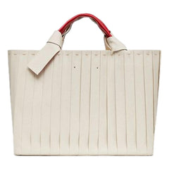 Valentino Garavani 05 Plissé Edition Sac Atelier Large Canvas Tote Bag Beige Red Trim