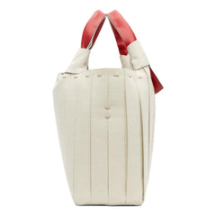 Valentino Garavani 05 Plissé Edition Sac Atelier Large Canvas Tote Bag Beige Red Trim