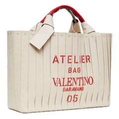 Valentino Garavani 05 Plissé Edition Sac Atelier Large Canvas Tote Bag Beige Red Trim