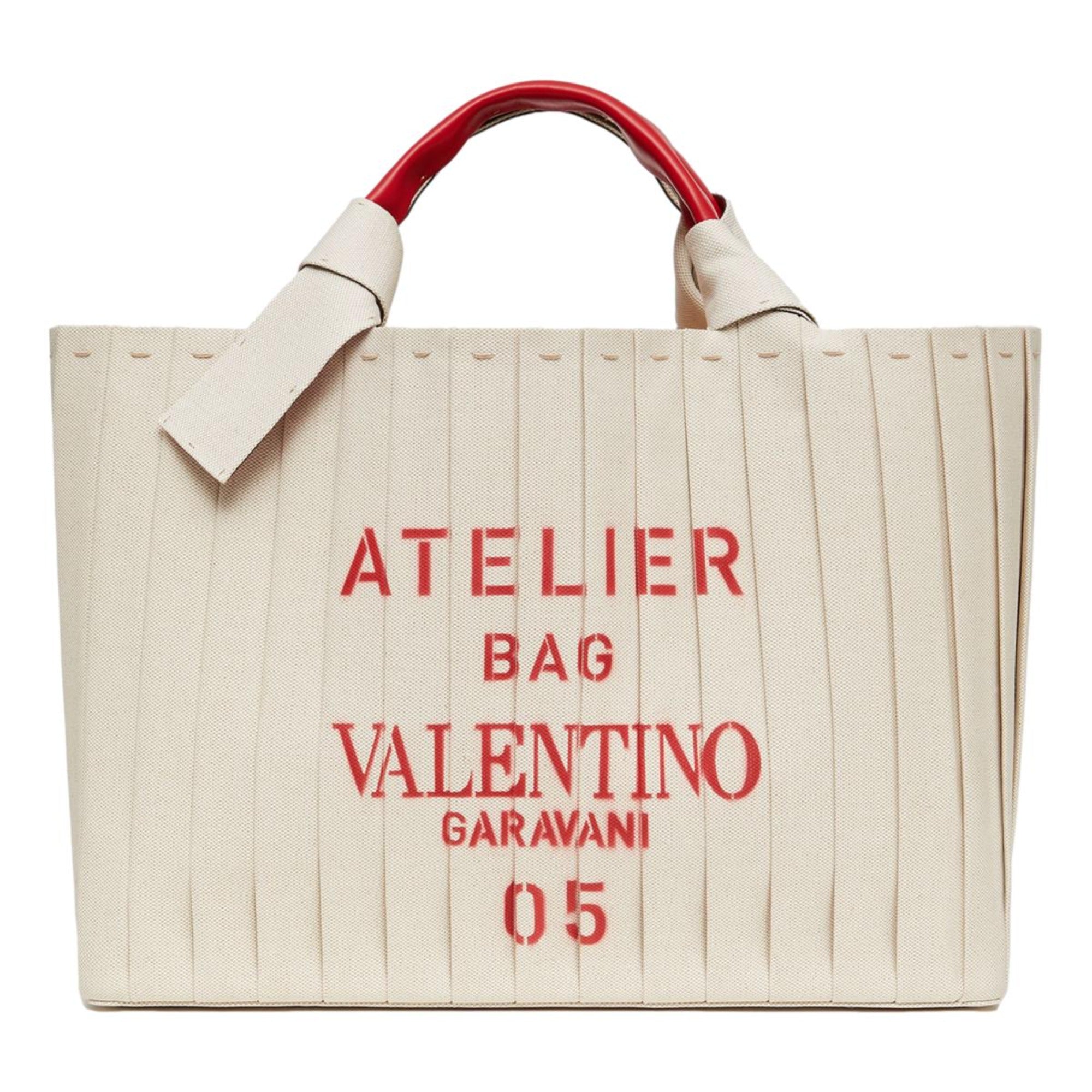 Valentino Garavani 05 Plissé Edition Sac Atelier Large Canvas Tote Bag Beige Red Trim