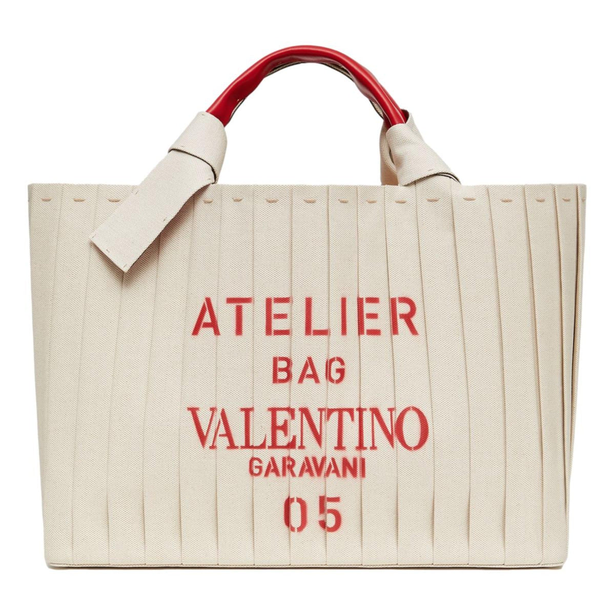 Valentino Garavani 05 Plissé Edition Sac Atelier Large Canvas Tote Bag Beige Red Trim