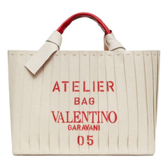 Valentino Garavani 05 Plissé Edition Sac Atelier Large Canvas Tote Bag Beige Red Trim