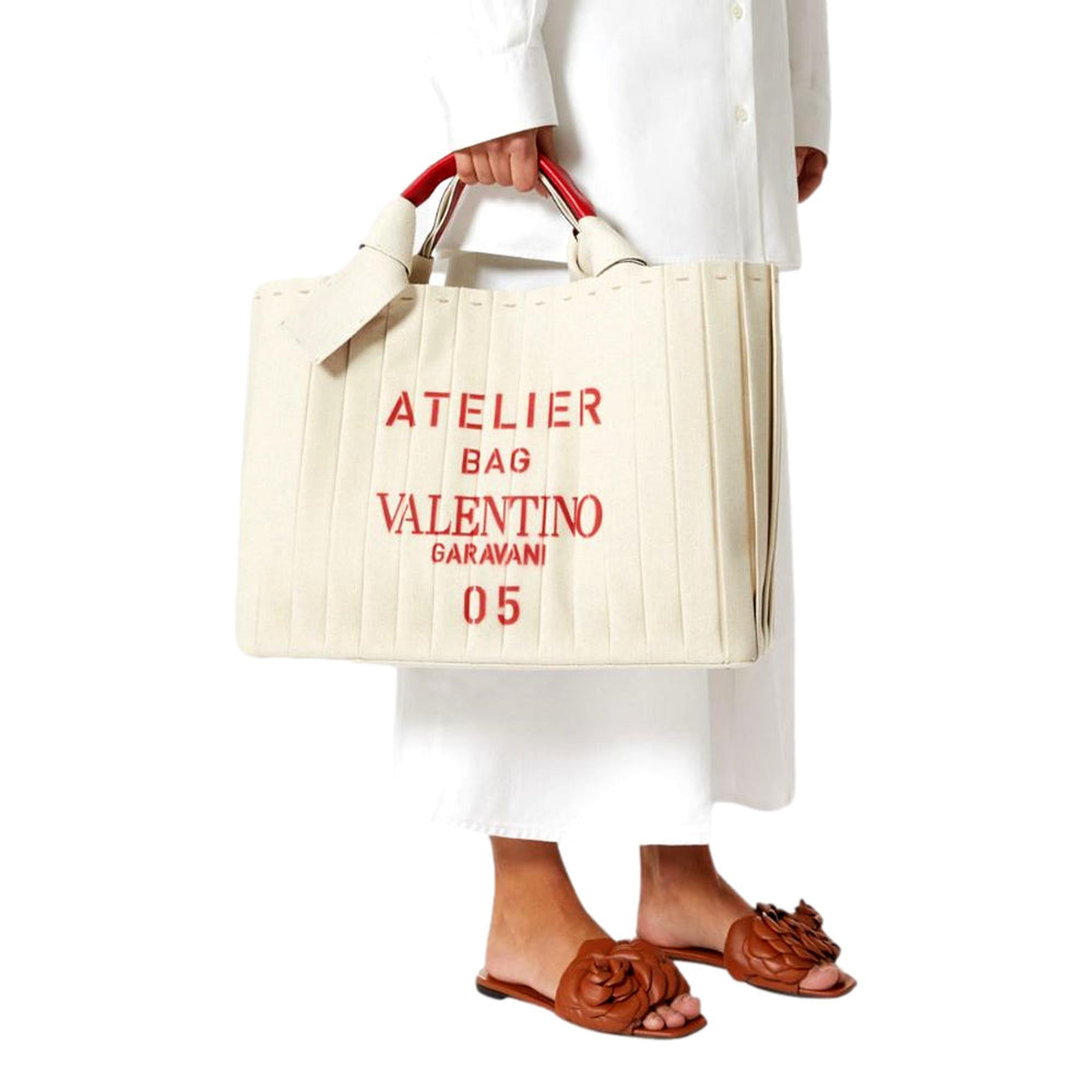 Valentino Garavani 05 Plissé Edition Sac Atelier Large Canvas Tote Bag Beige Red Trim