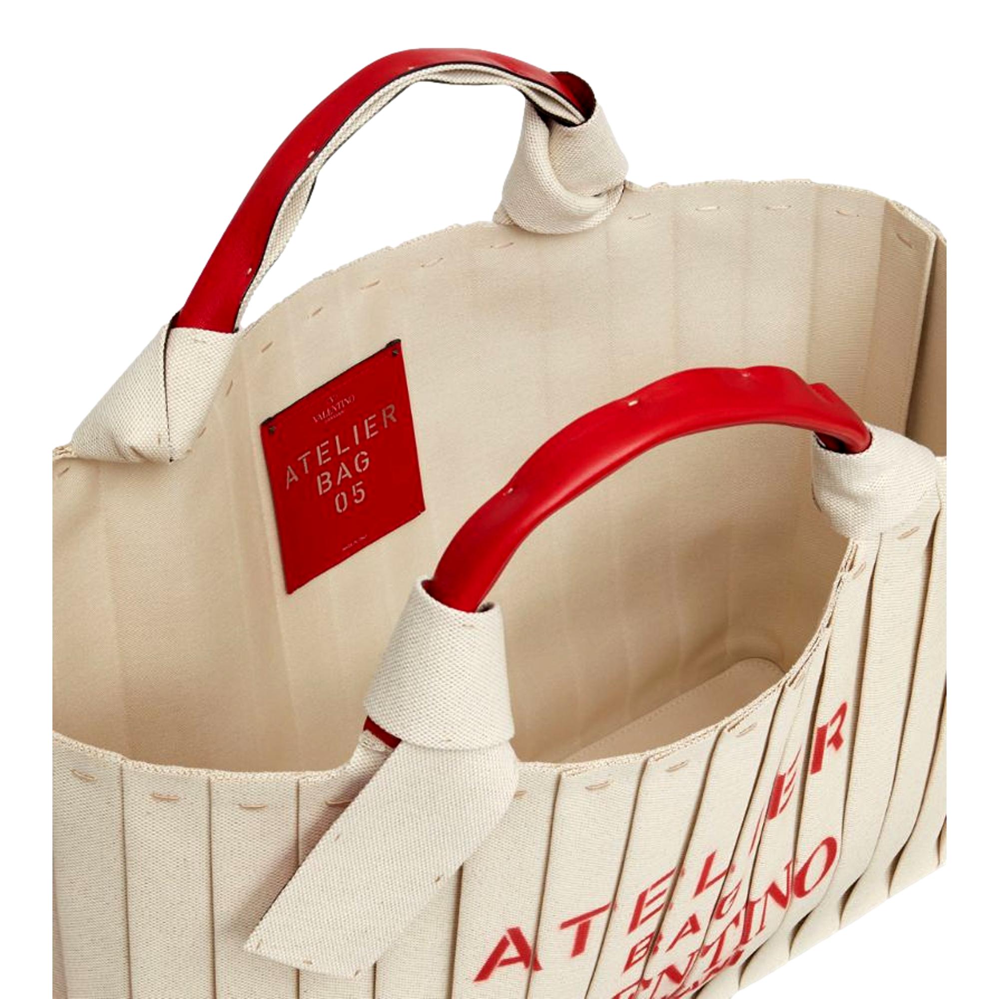 Valentino Garavani 05 Plissé Edition Sac Atelier Large Canvas Tote Bag Beige Red Trim
