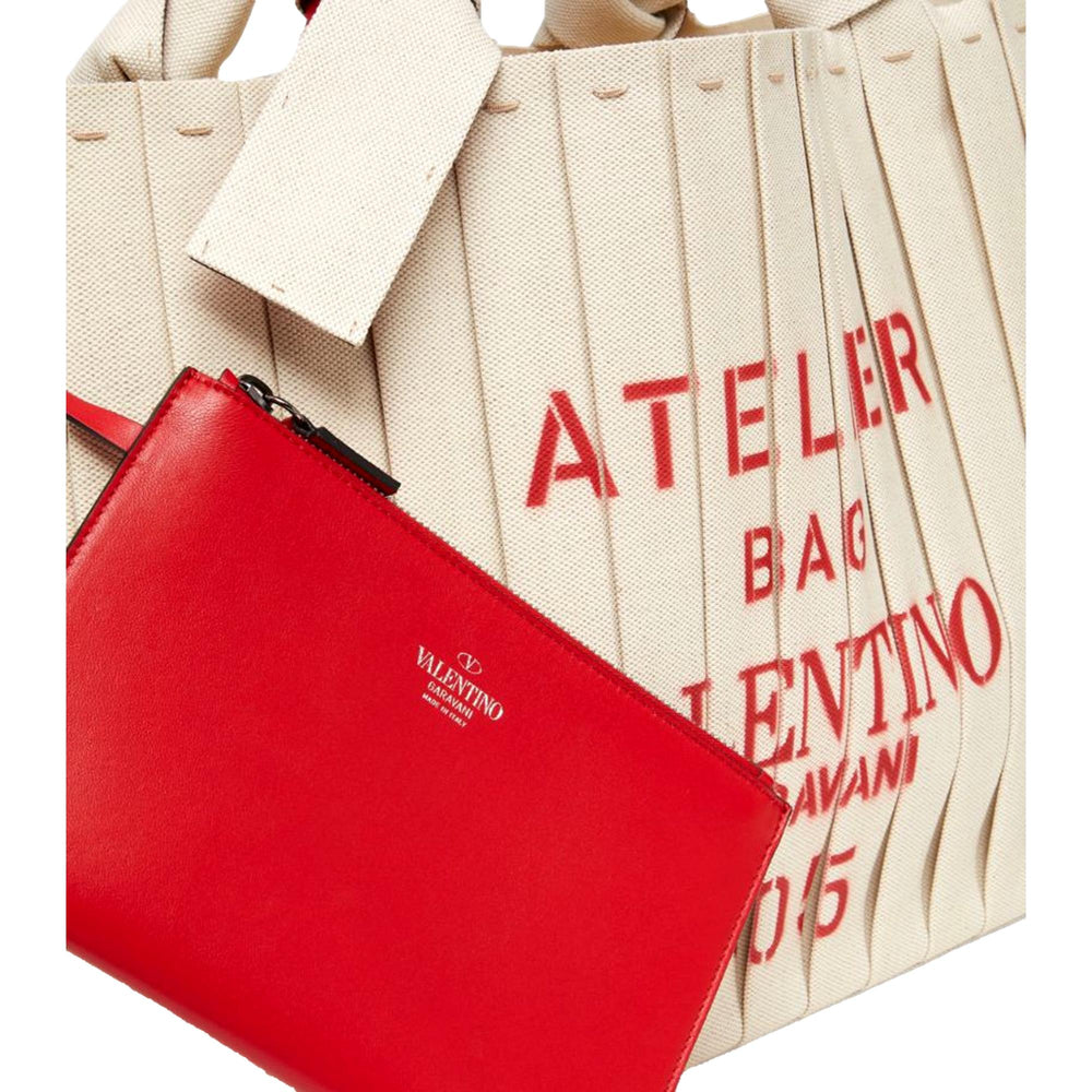 Valentino Garavani 05 Plissé Edition Sac Atelier Large Canvas Tote Bag Beige Red Trim