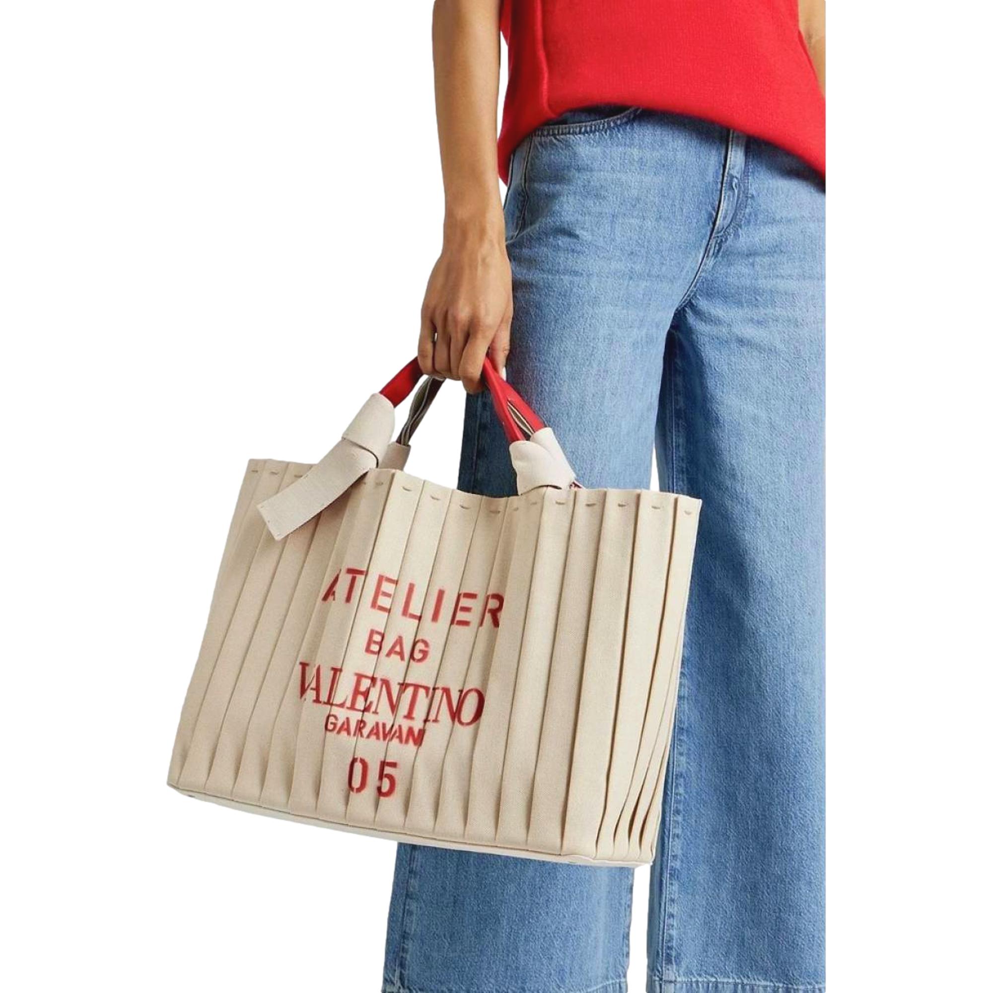 Valentino Garavani 05 Plissé Edition Sac Atelier Large Canvas Tote Bag Beige Red Trim