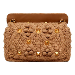 Valentino Garavani Roman Stud Large Shoulder Bag Brown Cashmere Knit Gold Hardware