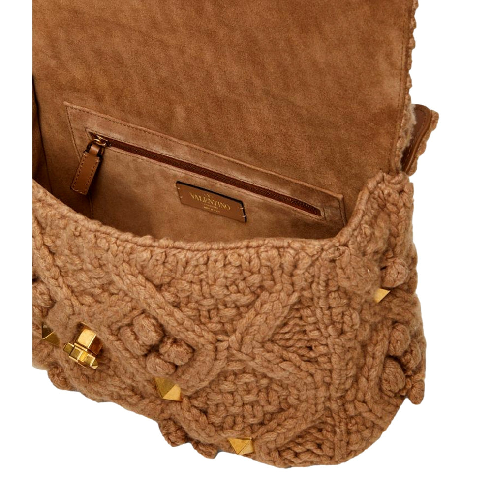 Valentino Garavani Roman Stud Large Shoulder Bag Brown Cashmere Knit Gold Hardware