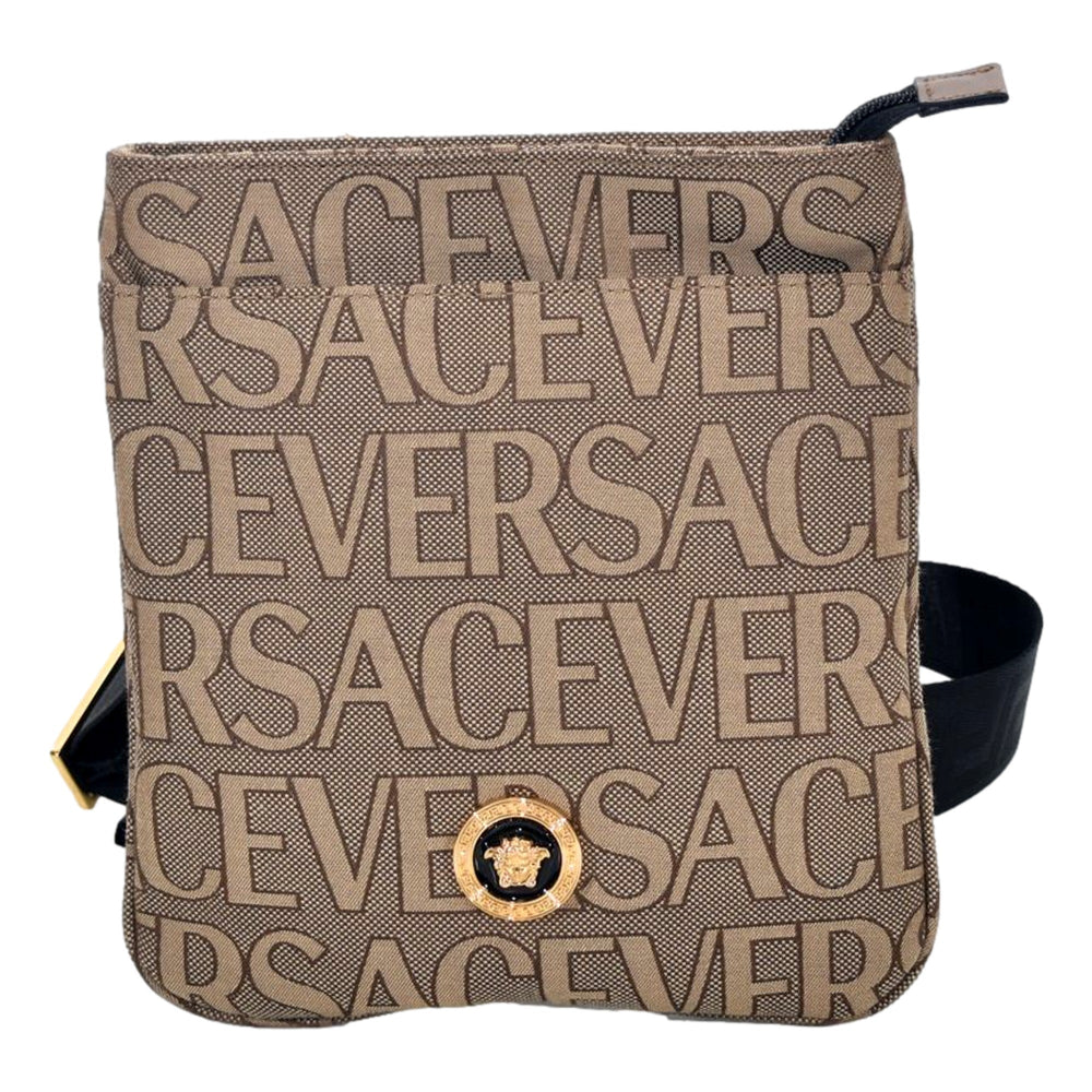 Versace La Medusa Canvas Logo Print Small Crossbody Bag Black Strap
