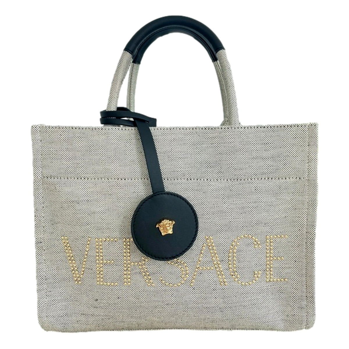 Versace Studded Logo Mini Tote Ecru Canvas Crossbody Bag Gold Hardware