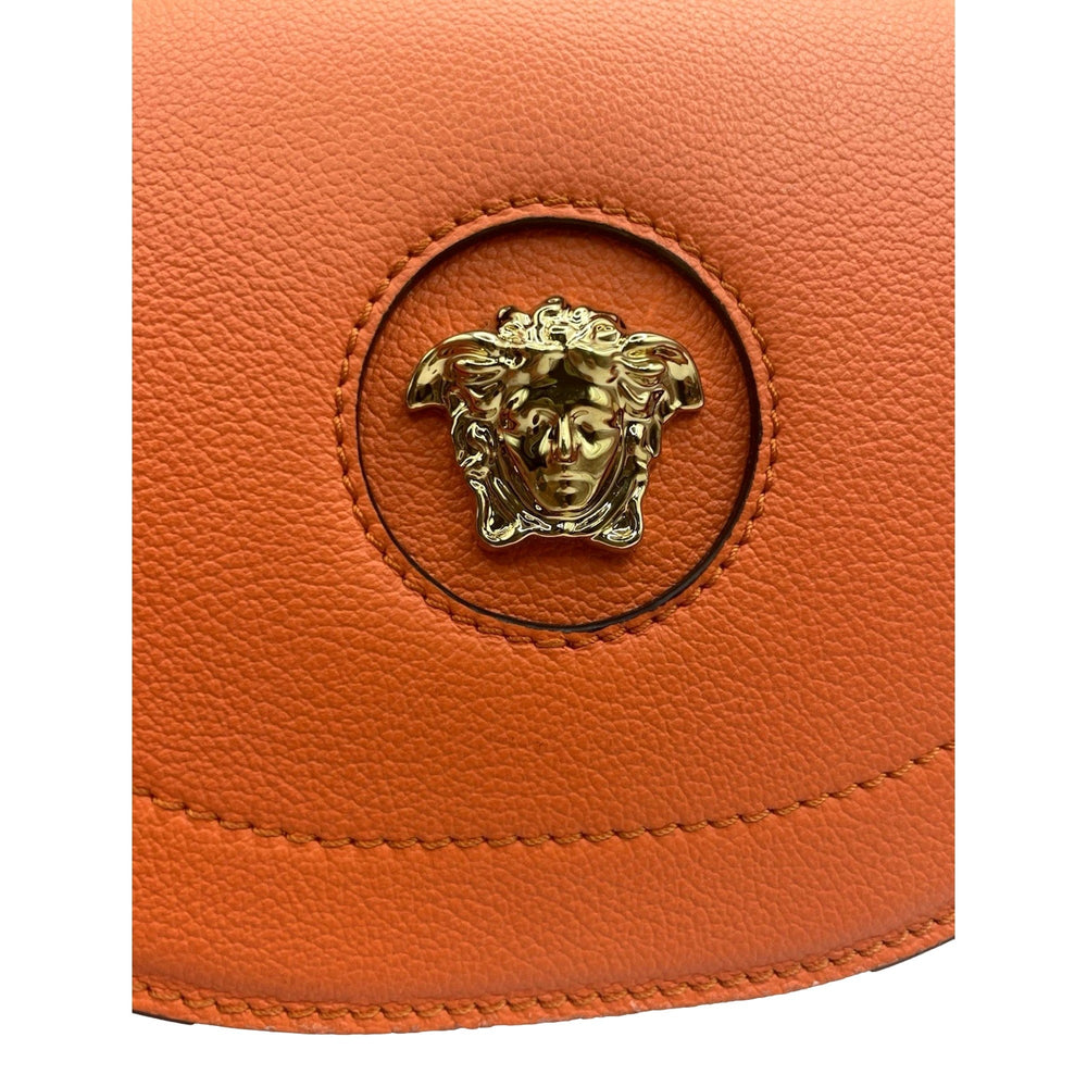 Versace Half-Moon La Medusa Vitello Leather Orange Crossbody Handbag