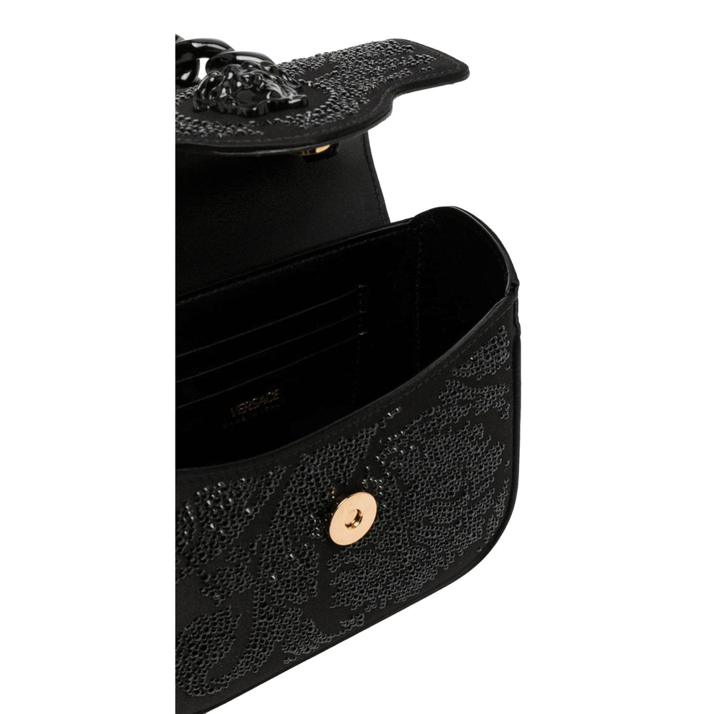 Versace La Medusa Crystal Mini Top Handle Tote Crossbody Black Silk