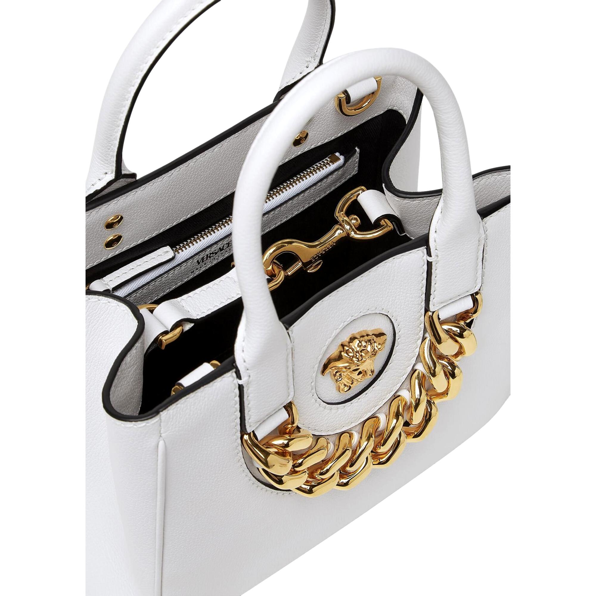 Versace La Medusa White Leather Small Crossbody Tote Bag Gold Plaque Chain