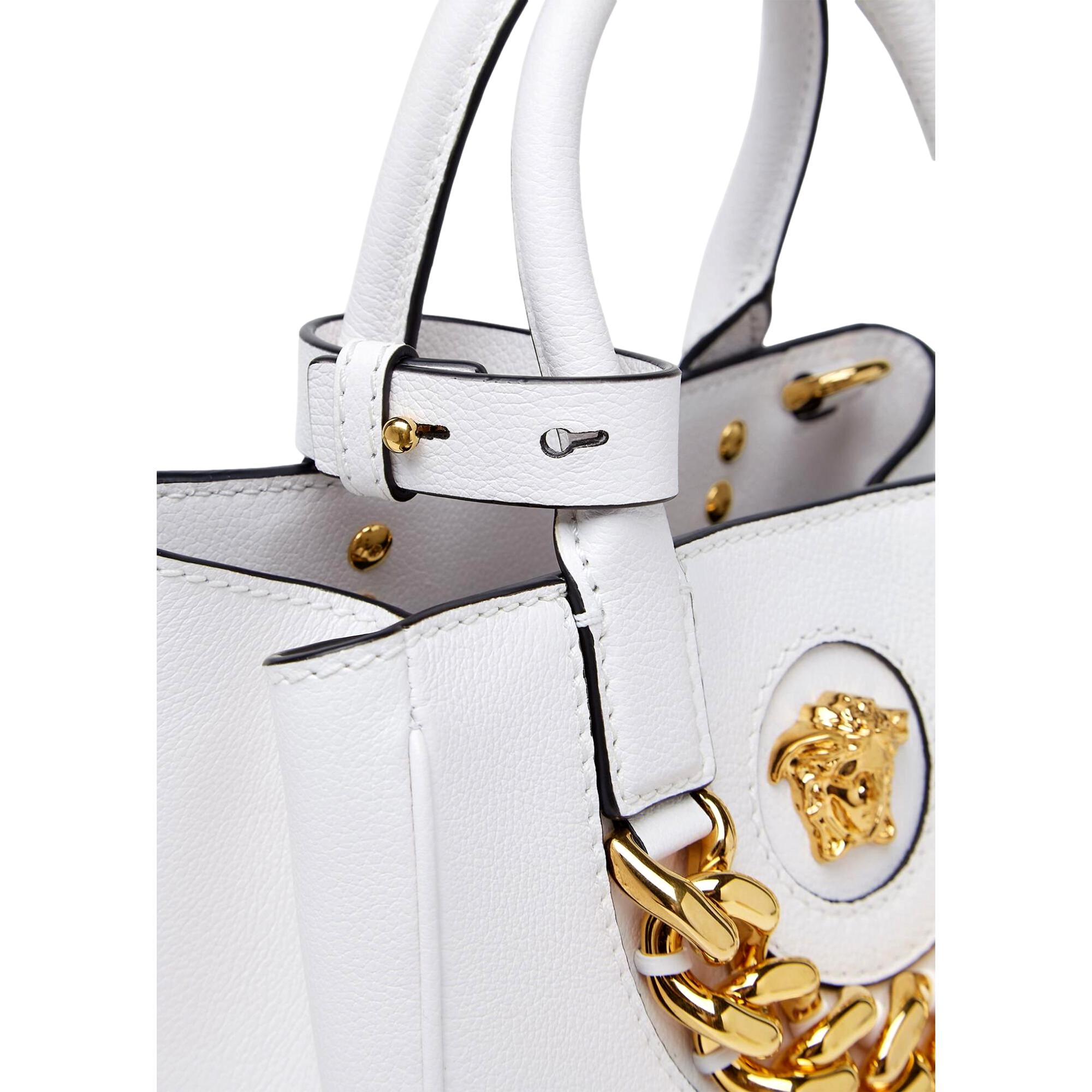 Versace La Medusa White Leather Small Crossbody Tote Bag Gold Plaque Chain