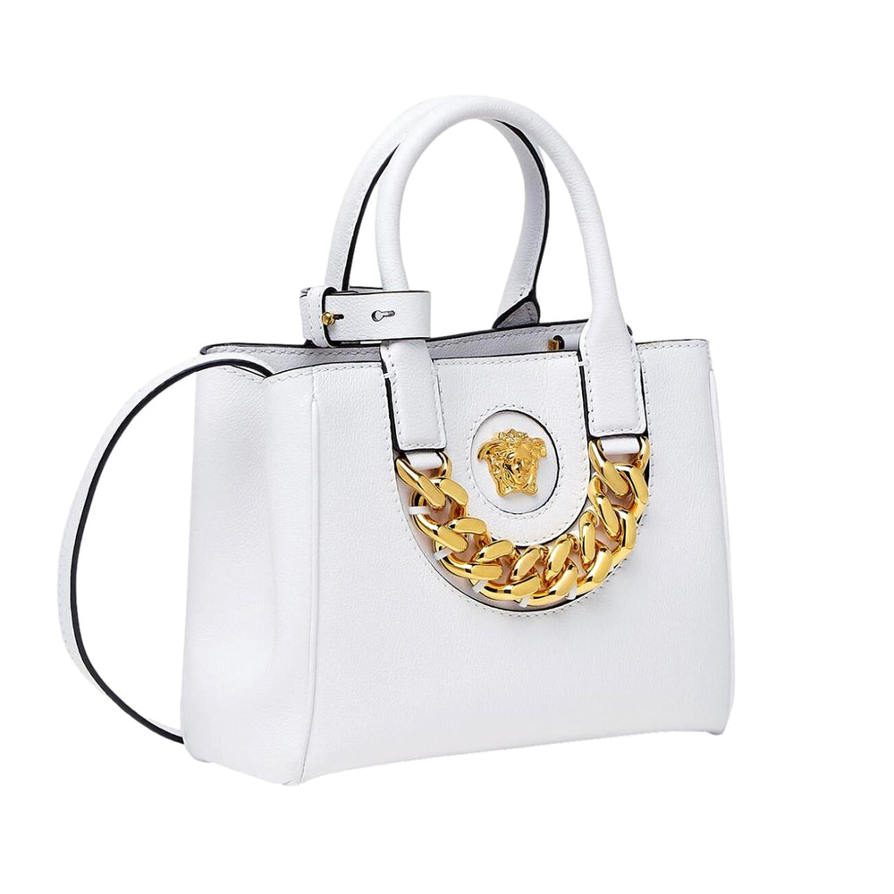 Versace La Medusa White Leather Small Crossbody Tote Bag Gold Plaque Chain