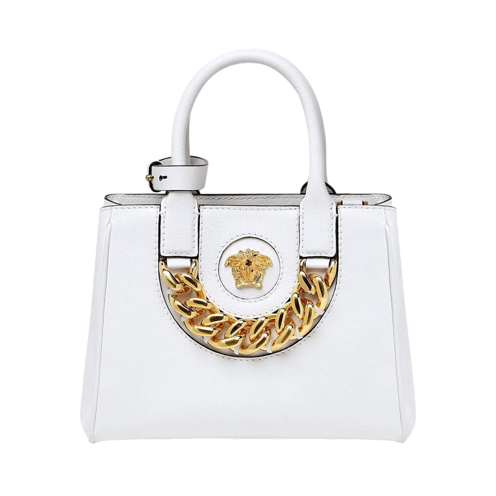 Versace La Medusa White Leather Small Crossbody Tote Bag Gold Plaque Chain