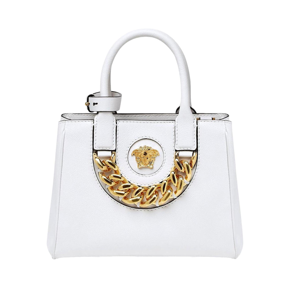 Versace La Medusa White Leather Small Crossbody Tote Bag Gold Plaque Chain