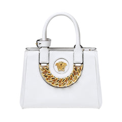 Versace La Medusa White Leather Small Crossbody Tote Bag Gold Plaque Chain