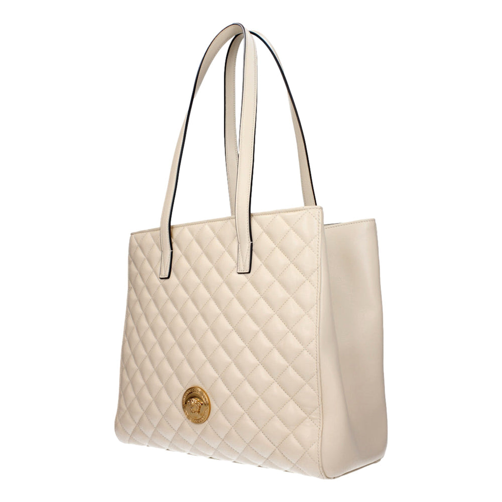 Versace La Medusa Quilted Tote Bag Ivory Leather Gold Hardware