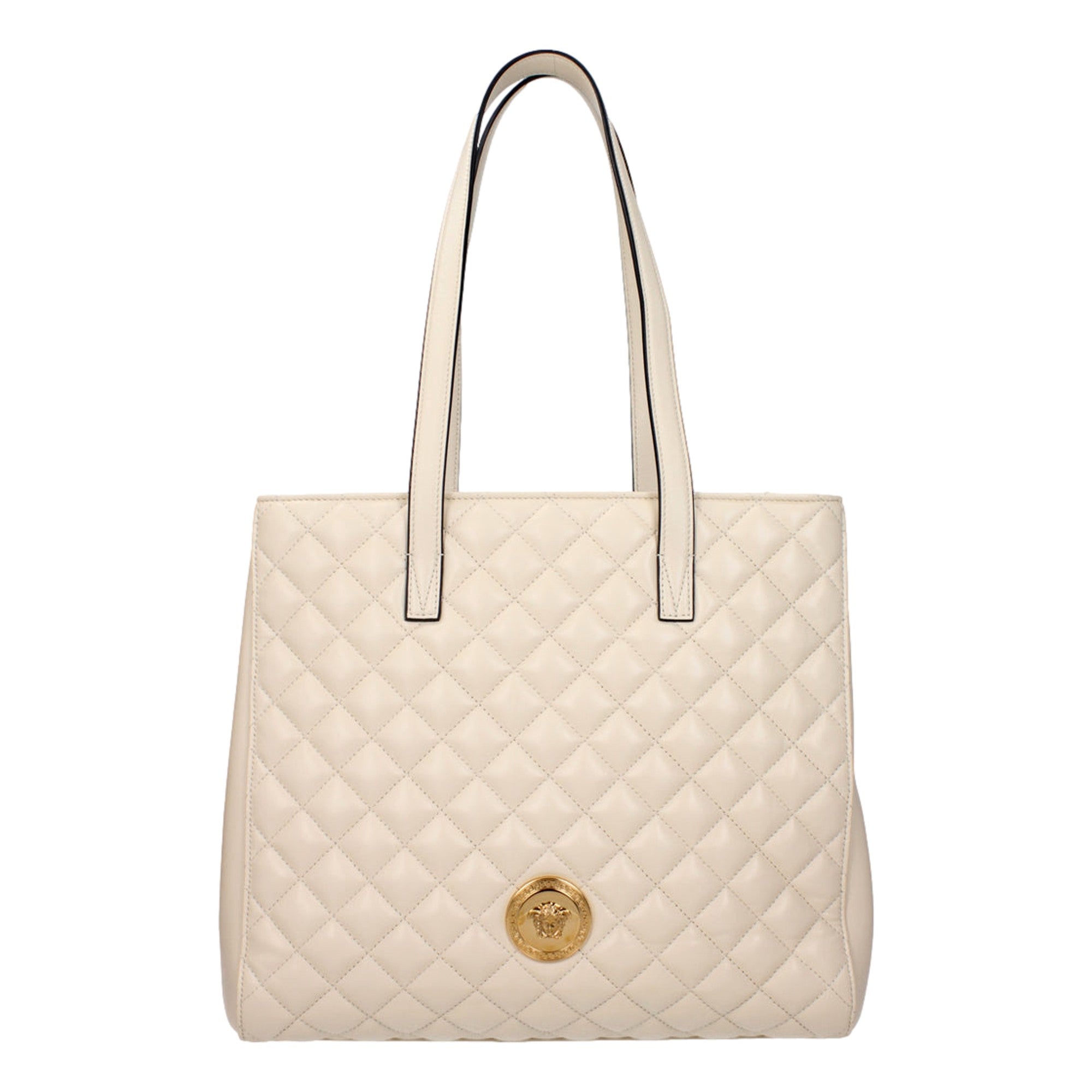 Versace La Medusa Quilted Tote Bag Ivory Leather Gold Hardware