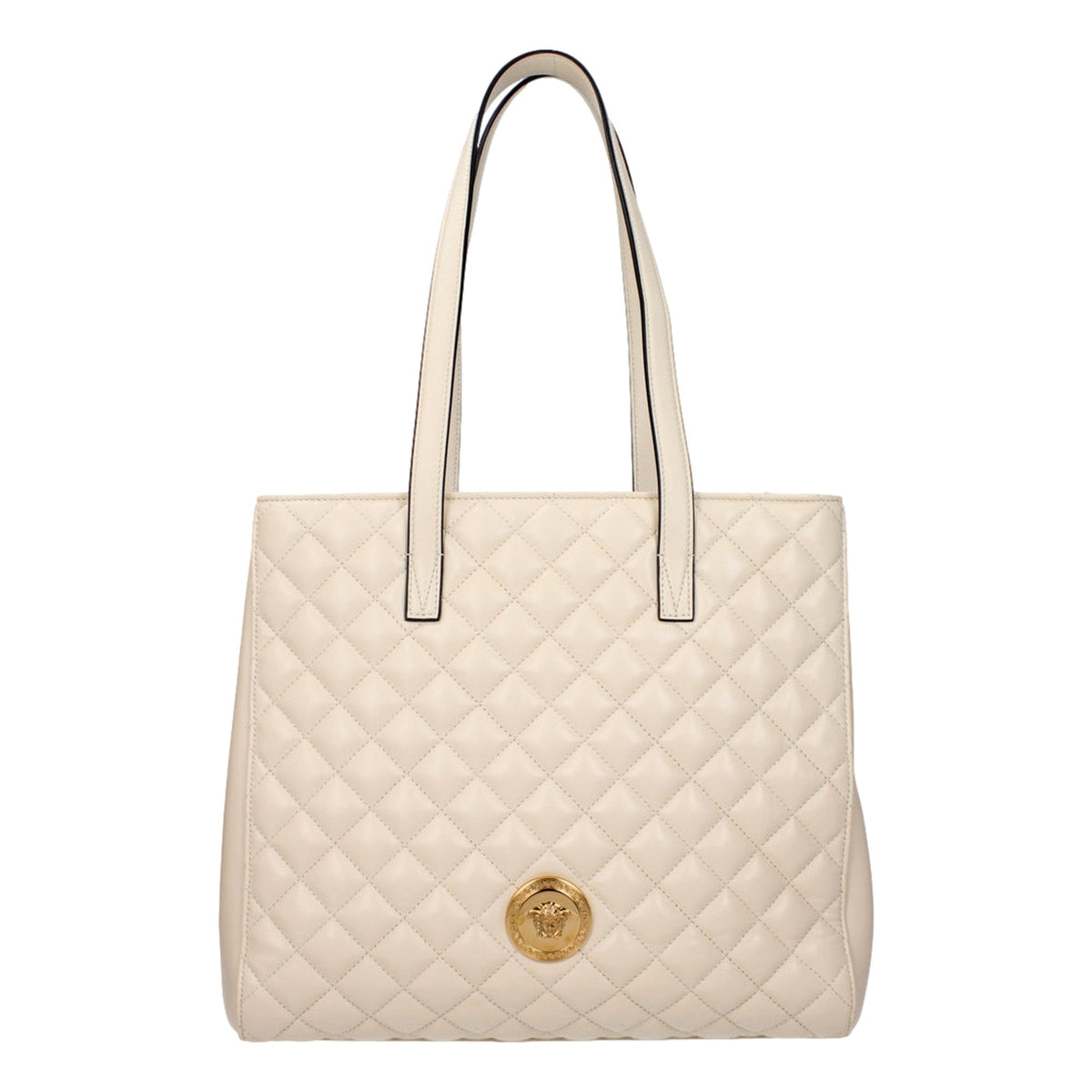 Versace La Medusa Quilted Tote Bag Ivory Leather Gold Hardware