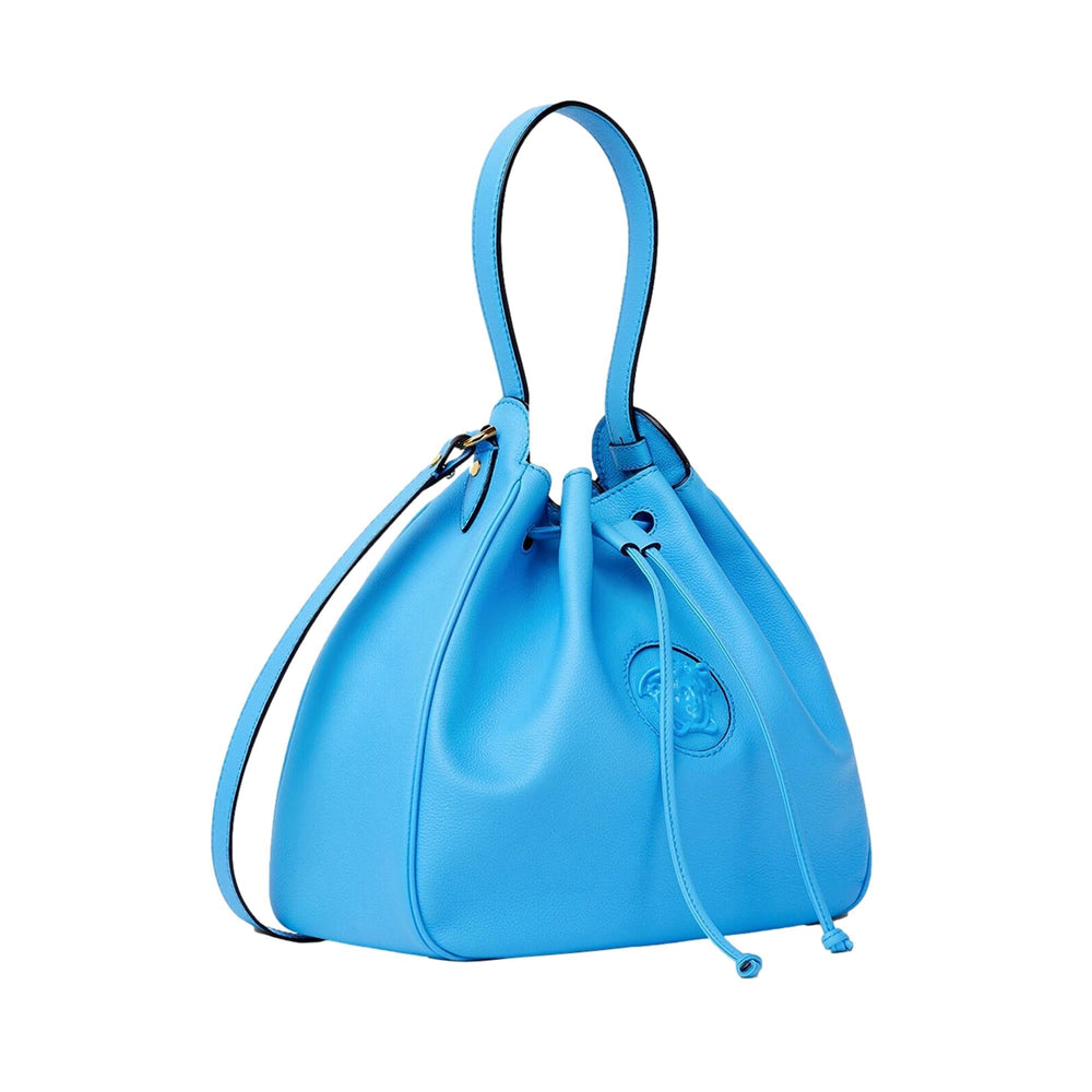 Versace La Medusa Blue Textured Leather Bucket Bag Gold Hardware Chain Strap
