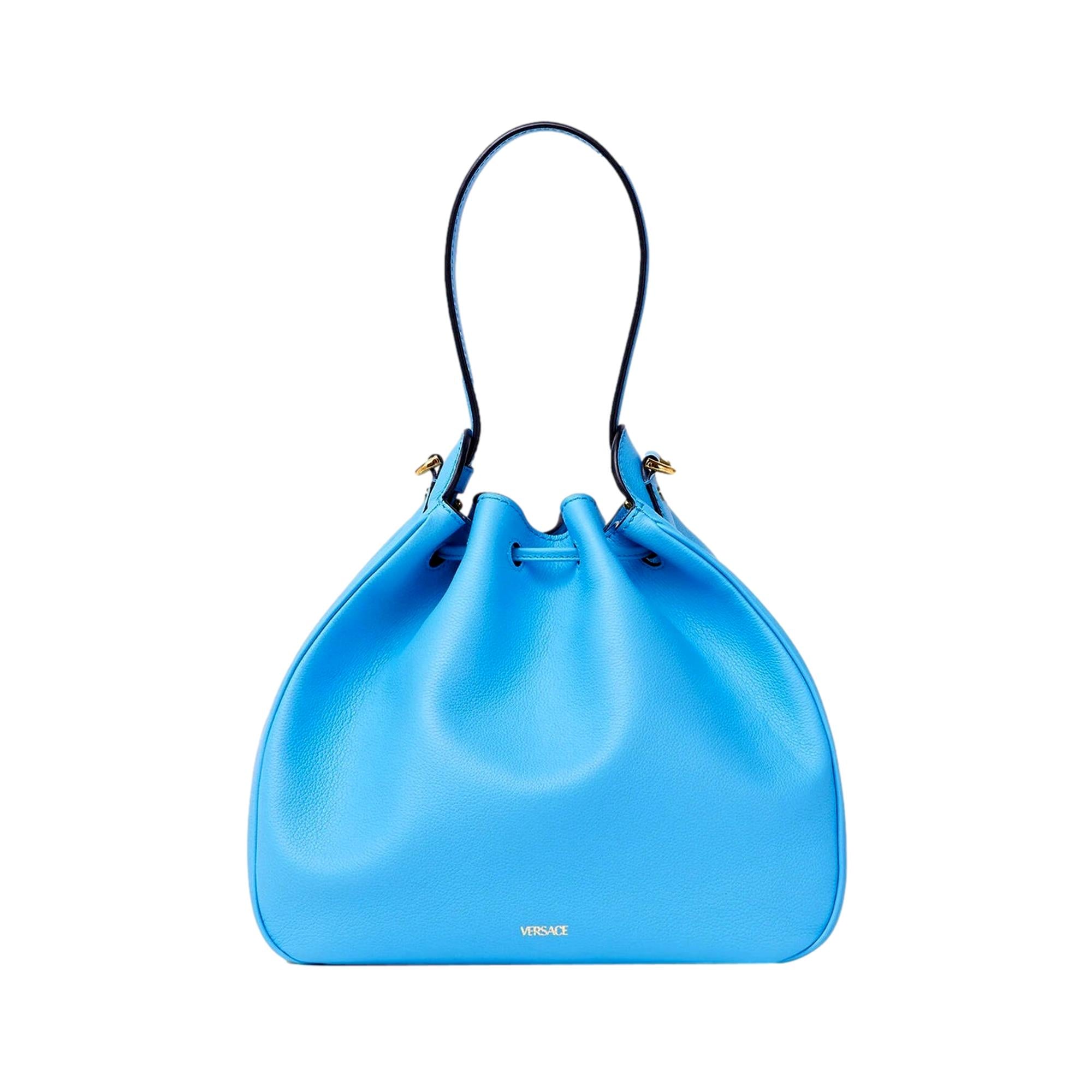Versace La Medusa Blue Textured Leather Bucket Bag Gold Hardware Chain Strap