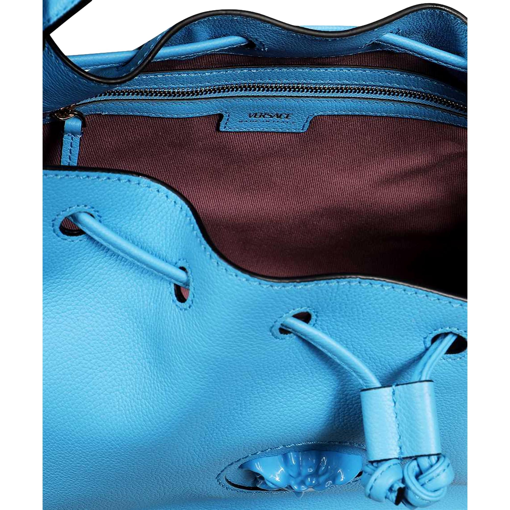 Versace La Medusa Blue Textured Leather Bucket Bag Gold Hardware Chain Strap