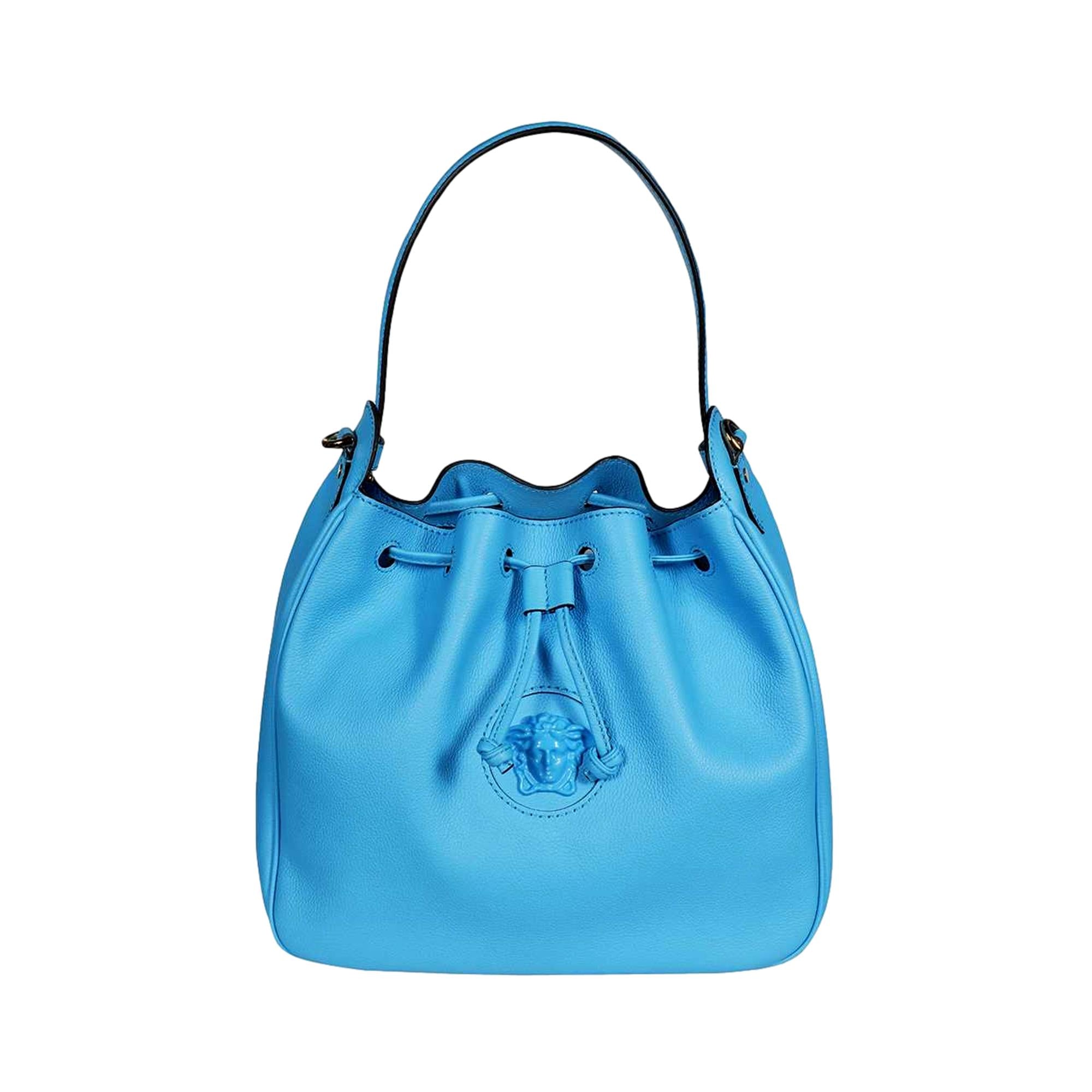 Versace La Medusa Blue Textured Leather Bucket Bag Gold Hardware Chain Strap