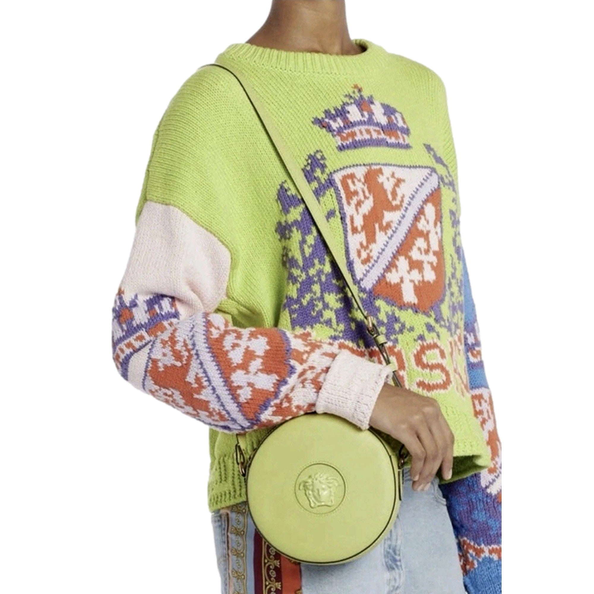 Versace La Medusa Lime Green Leather Disco Round Crossbody Bag