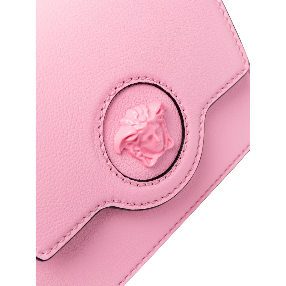 Versace La Medusa Pink Pebbled Leather Small Crossbody Bag Gold Logo