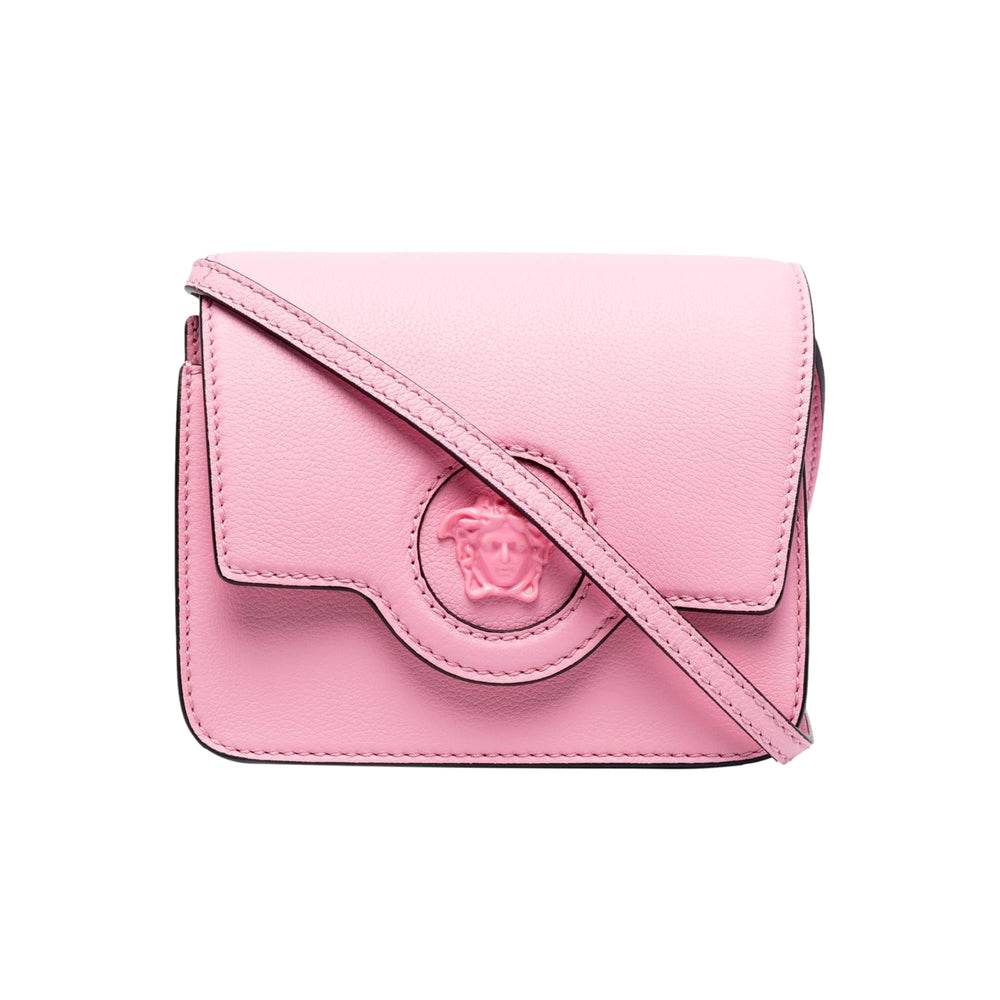 Versace La Medusa Pink Pebbled Leather Small Crossbody Bag Gold Logo