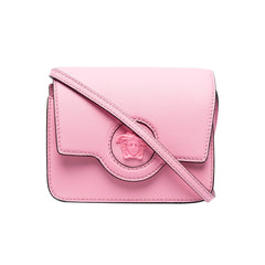 Versace La Medusa Pink Pebbled Leather Small Crossbody Bag Gold Logo
