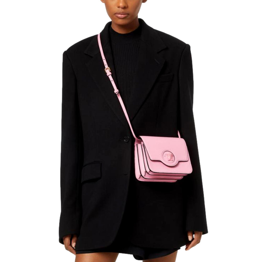 Versace La Medusa Pink Pebbled Leather Small Crossbody Bag Gold Logo